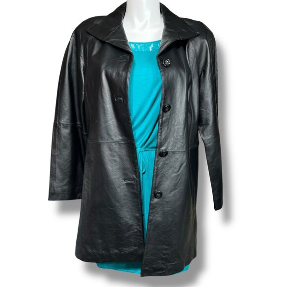 East 5th Womens Leather Jacket Long Coat Collared Button Closure Black Large - Picture 2 of 14